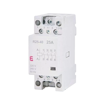 کنتاکتور ماژولار (چهار پل) 25 آمپر ETI ولتاژ کنترل 230 VAC مدل R 25-40 کنتاکتور ماژولار ( چهار پل ) 25 آمپر برند ETI ولتاژ کنترل230 VACمدل R 25-40