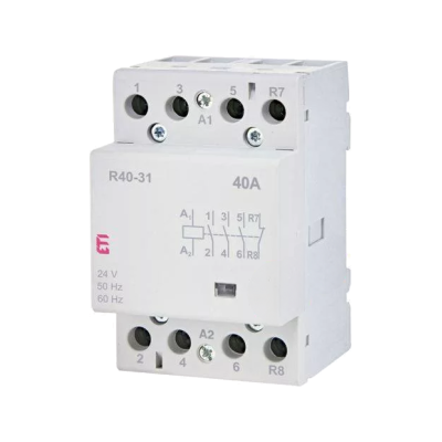 کنتاکتور ماژولار (چهار پل) 40 آمپر ETI ولتاژ کنترل 230 VAC مدل R 40-31 کنتاکتور ماژولار ( چهار پل ) 40 آمپر برند ETI ولتاژ کنترل230 VAC مدل R 40-31