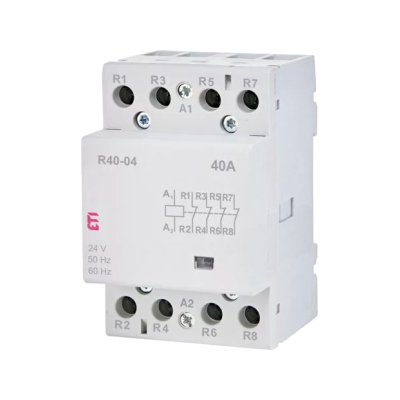 کنتاکتور ماژولار (چهار پل) 40 آمپر ETI ولتاژ کنترل 230 VAC مدل R 40-04 کنتاکتور ماژولار ( چهار پل ) 40 آمپر برند ETI ولتاژ کنترل230 VAC مدل R 40-04