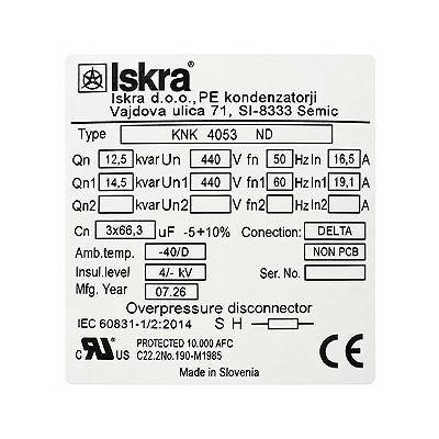 خازن سه فاز سیلندری روغنی 12.5-440 ISKRA ایسکرا (10 در 400) KNK4053 Label iskra capacitor 440-12.5 OIL