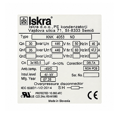 خازن سه فاز سیلندری روغنی 30-440 ISKRA ایسکرا (25 در 400) KNK4053 Label iskra capacitor 440-30 OIL