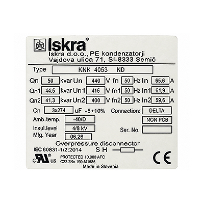 خازن سه فاز سیلندری روغنی 50-440 ISKRA ایسکرا (40 در 400) KNK4053 Label iskra capacitor 440-50 OIL
