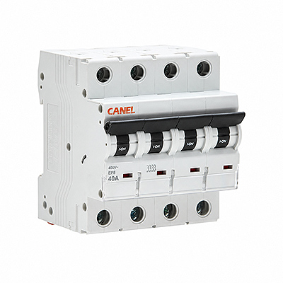 کلید مینیاتوری چهار پل 40 آمپر 10 کیلو آمپر تیپ C کانل CANEL مدل EP8i-4 کلید مینیاتوری چهار پل ۴۰ آمپر کانل CANEL — سری MCB-AC، نصب روی ریل DIN