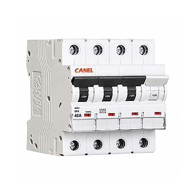 کلید مینیاتوری سه پل + نول 40 آمپر 6 کیلو آمپر تیپ B کانل CANEL مدل EP8 3P+N کلید مینیاتوری سه پل + نول ۴۰ آمپر کانل CANEL — سری MCB-AC، نصب روی ریل DIN