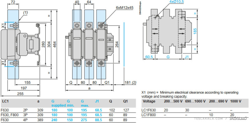 کنتاکتور 630 آمپر اشنایدر 335 کیلووات، بوبین 220VAC ، مدل LC1F630M7