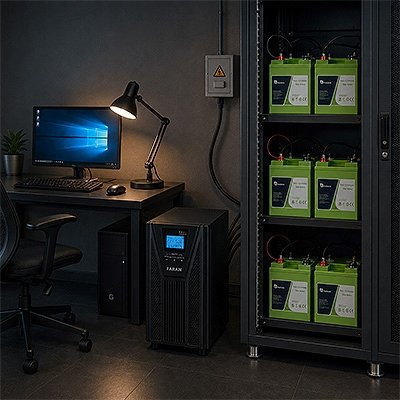 یو پی اس آنلاین تکفاز باتری خارجی 48 ولت 2KVA TITAN PLUS فاران FARAN یو پی اس تایتان پلاس باتری خارجی به همراه باتری در حال استفاده
